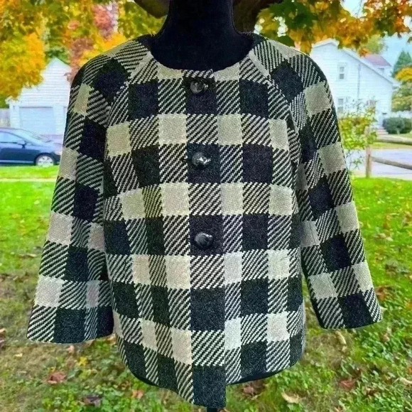 Talbots 12 Wool Blend Gingham Plaid Cape Blazer Italian Fabric Career Office - Picture 1 of 9